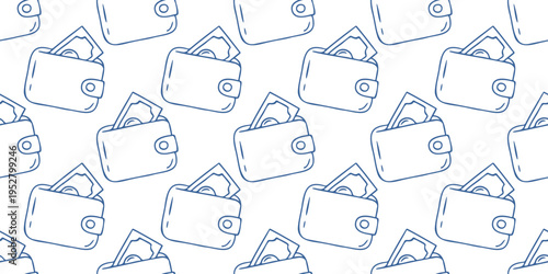 Financial seamless pattern with wallet and cash icons. Blue line art hand drawn vector background on white for business, economy, investment, banking web design. Minimalist professional wallpaper