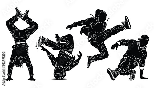Silhouette breakdance performers in dynamic poses black and white vector style