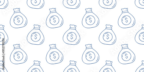 Financial seamless pattern with money bag icons. Blue line art vector background on white with dollar sacks for business, banking, investment, economy design. Minimalist hand drawn wallpaper