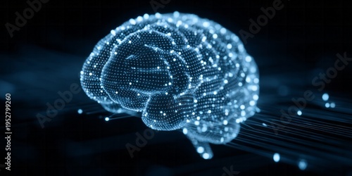 Glowing digital representation of a human brain composed of interconnected luminous points floats against a dark background