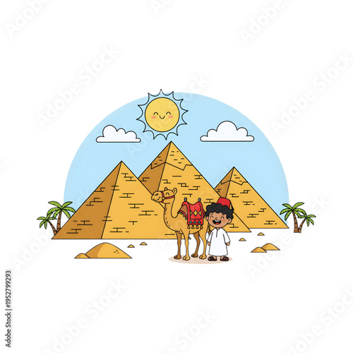 A sunset vector illustration of Egyptian pyramids in the Giza desert featuring a camel silhouette, sand dunes, and a tent under a bright sun and sky for Egypt travel and tourism