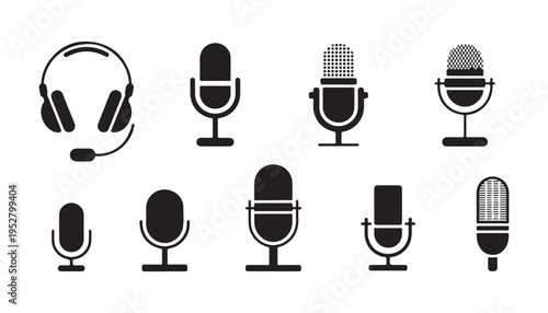 Microphone and headset vector icons, podcast and broadcast symbol, audio recording and sound equipment sign