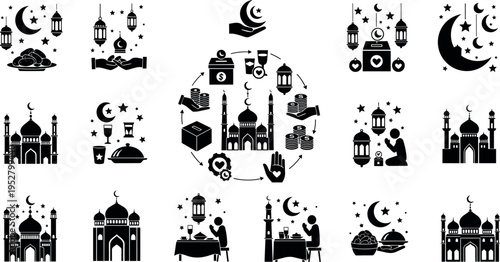 Ramadan islamic icons set with mosque crescent moon lantern prayer zakat fasting and eid celebration vector illustration collection
