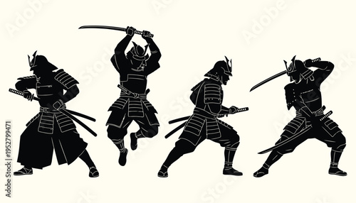 Set of samurai warriors in action poses with katana swords