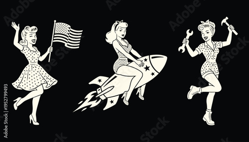 Vintage pin up girl silhouettes with patriotic and space age themes