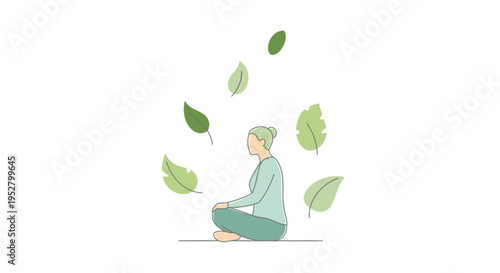 Woman meditating surrounded by floating green leaves, symbolizing peace and nature