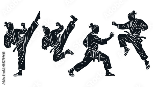 Martial arts silhouette set with karate fighters in action poses