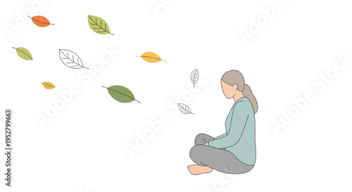 Woman meditating outdoors with falling leaves, peaceful autumn scene