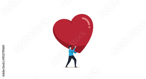 Man Carrying Giant Red Heart Symbol Isolated on White Background