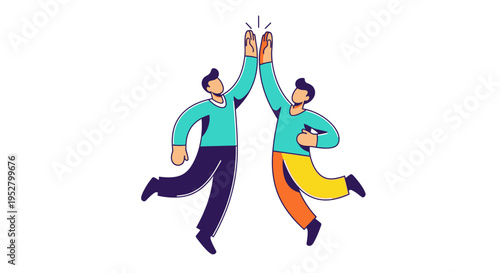 Two friends giving high five celebrating success and teamwork, flat vector illustration