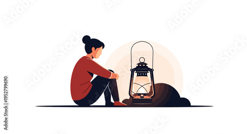 Woman sitting next to glowing lantern, contemplation and solitude concept