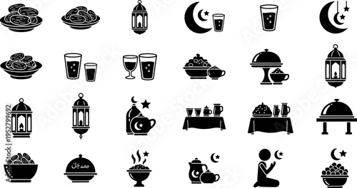 Ramadan iftar food and lantern icons with crescent moon drinks dates meals and islamic celebration vector illustration set
