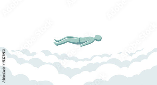Serene figure floating peacefully above soft clouds in a bright sky