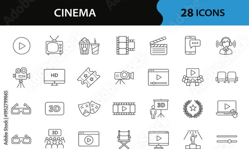 Cinema set of web icons in line style. Movie and Film linear icon collection. Including movie theater, 3d, vr, popcorn, ticket and more. Linear cinema icon collection set. Editable stroke