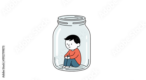 Sad boy trapped in glass jar, feeling isolated, loneliness concept