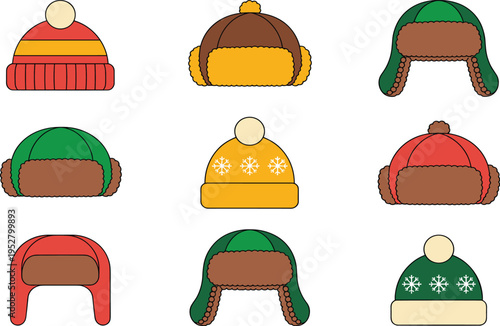 Winter hats collection set with colorful beanies and trapper hats, cozy warm headwear illustrations isolated on background