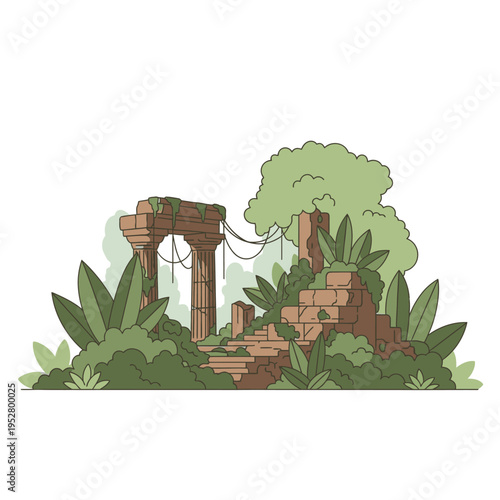Ancient Stone Ruins Overgrown with Lush Jungle Vegetation.