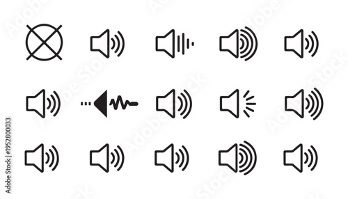 Outline style audio speaker icons showing different volume levels and sound wave signals