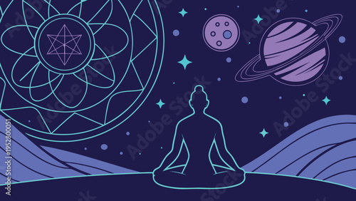Meditating person in lotus pose with sacred geometry, planets, and stars in a cosmic purple and blue night sky vector illustration for spiritual and wellness themes