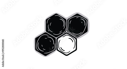 Honeycomb cells form a geometric cluster with one highlighted white unit among dark filled hexagonal shapes.