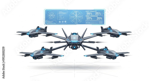 Advanced drone formation with central control unit, futuristic technology concept.