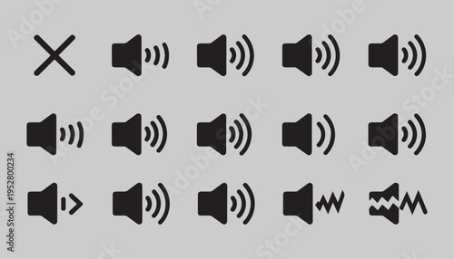 Volume speaker icons set with various sound levels mute signs and broken speaker symbols for audio interface