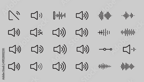 Outline sound icons collection featuring speaker symbols volume control lines and abstract audio waveforms art