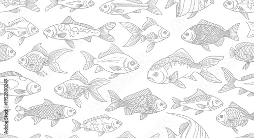 Seamless fish pattern with various underwater aquatic species hand drawn in linear style for sea food packaging aquarium design and nautical wallpaper