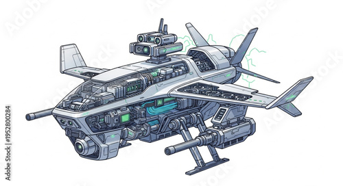 Detailed illustration of a futuristic aircraft with advanced technological components.