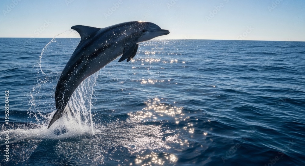 Fototapeta premium Dolphin leaping from ocean waves under clear blue sky in dynamic marine wildlife action perfect for National Dolphin Day