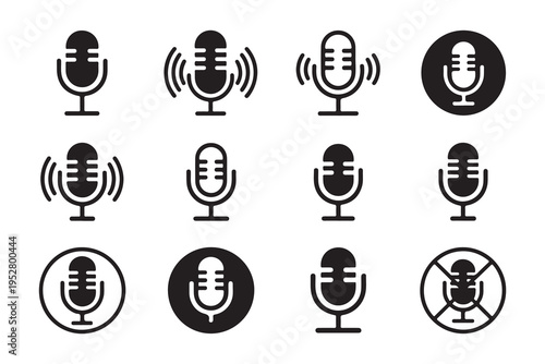 Microphone icon set in various styles, collection of sound recording signs isolated on white background