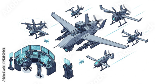 Military drone control center with multiple unmanned aerial vehicles in operation.