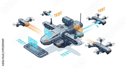Futuristic drone technology testing station with multiple flying drones and a control device.