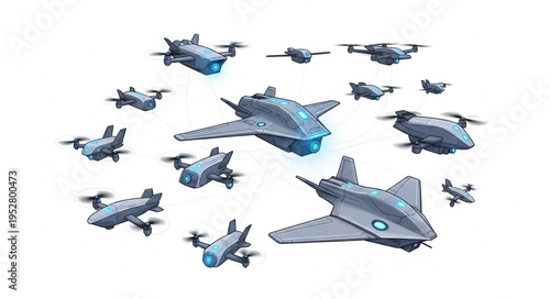 A fleet of futuristic drones and aircraft in a dynamic formation, ready for action.