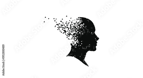 Profile of a human head disintegrating into small particles represents the complex nature of cognitive decline and the fragility of memory.