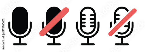 Mute and unmute microphone icon set, collection of audio recording signs isolated on white background
