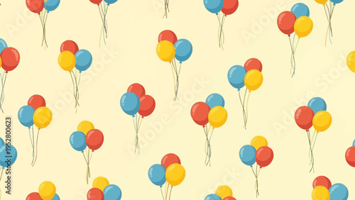Seamless pattern with colorful balloons on light yellow background, festive decoration, party celebration, simple flat design