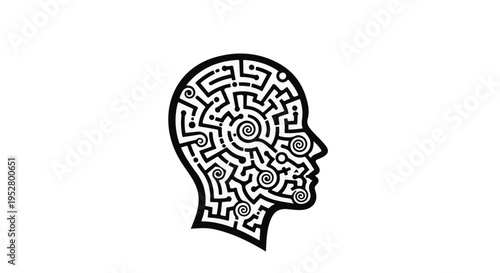 Head silhouette filled with an intricate maze pattern represents the complexity of human thought and logic.