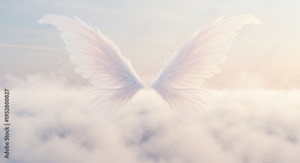Fototapeta premium Wings above clouds reflecting soft light and gentle texture concept