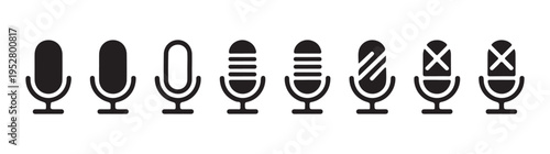 Set of simple microphone icons representing different audio statuses, broadcast, mute, and active states
