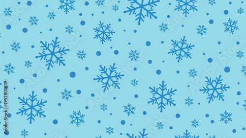 Seamless pattern with blue snowflakes and dots on light blue background, winter theme, cold season, holiday design element
