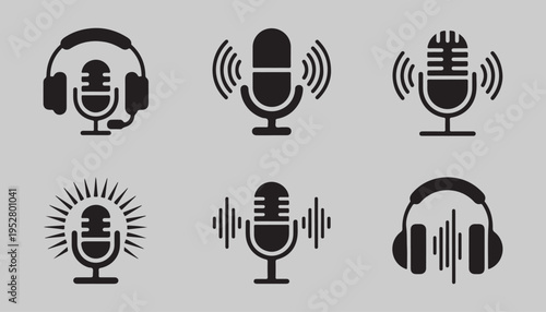 Modern podcasting microphone graphics including headsets and circular sound energy waves for media production
