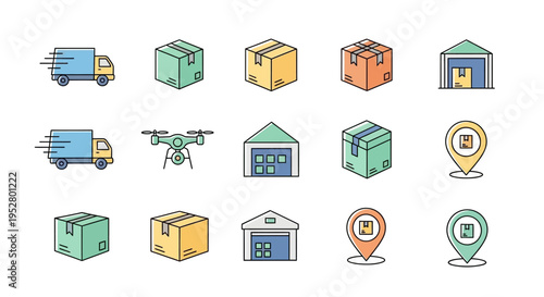 Logistics Delivery Boxes and Vehicles Icons.