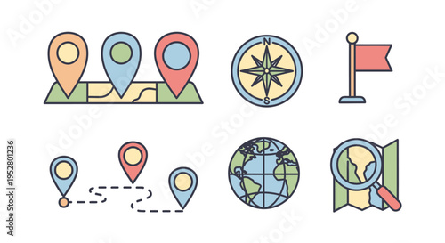 Navigation icons for travel and maps.