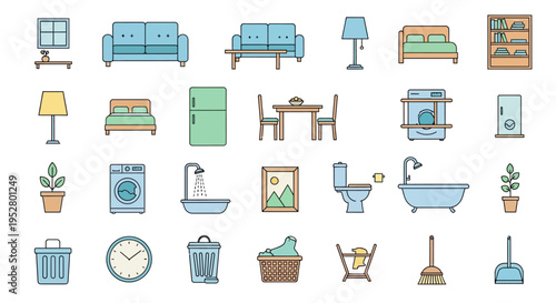 Colorful household furniture and objects.