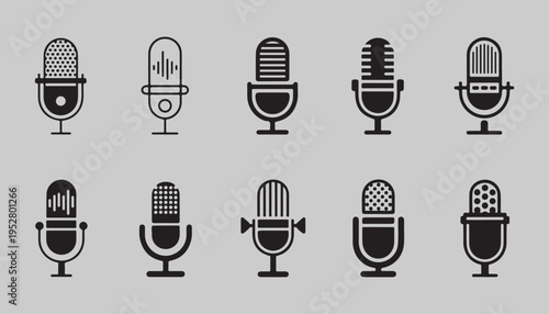 Retro and vintage microphone icon collection with different mesh patterns and condenser mic stand silhouettes
