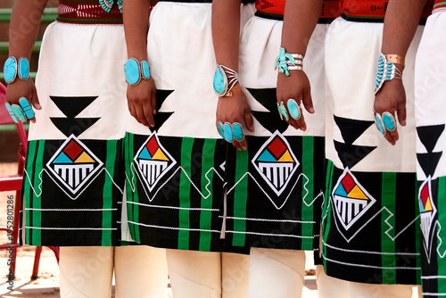 Santa Fe, New Mexico, United States.Olla maidens wearing turquoise jewelry and traditional dress at Gallup Intertribal Ceremonial New Mexico