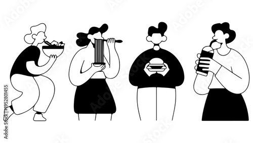Four people enjoying different foods and drinks in a simple black and white illustration