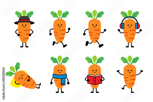 Funny carrot character set showing various activities like running, reading, listening to music and relaxing for healthy lifestyle and food education