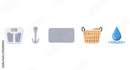 Bathroom essentials and personal care items are neatly arranged in a clean, minimalist illustration, perfect for hygiene and home concepts.